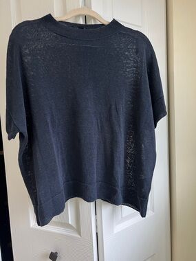 COS Sheer Linen Silk Knit Top Black Short Sleeve Lightweight Sweater Size L